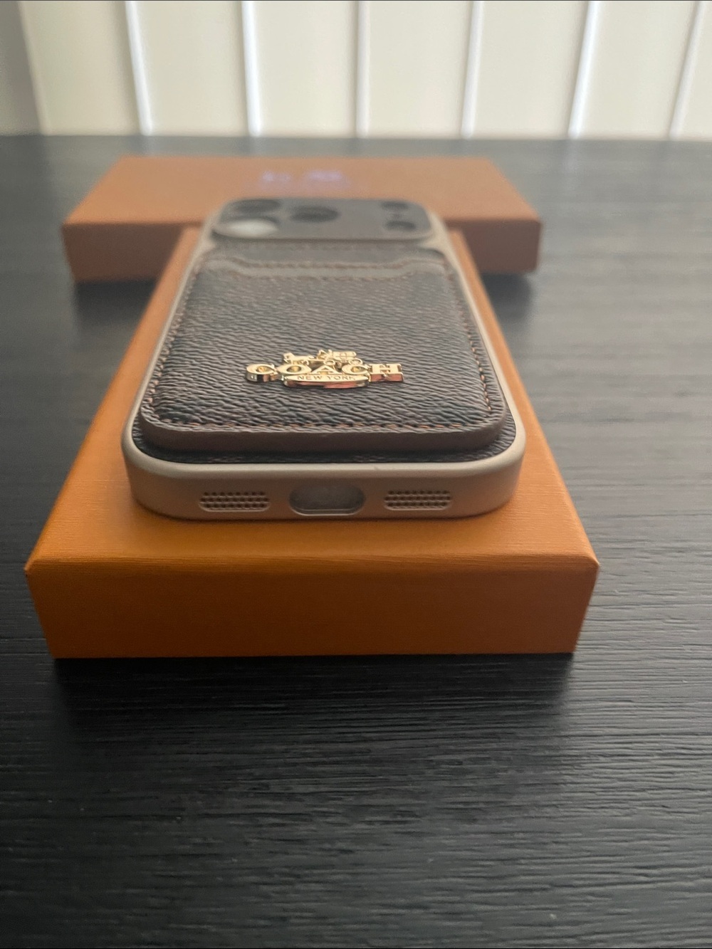 iPhone 17 pro Coach Brown Signature Canvas Card Phone Case with Gold Logo - Picture 6 of 8